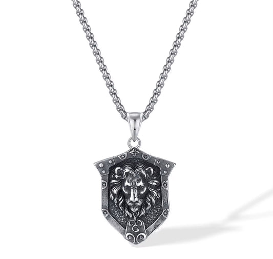 Lion Shield Pendant Necklace – Stainless Steel Medieval Crest Jewelry for Men