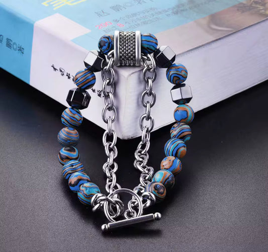 Men’s Stainless Steel Chain Bracelet with Blue Tiger Eye Beads – Handmade Lava Stone & Hematite Bead Bracelet