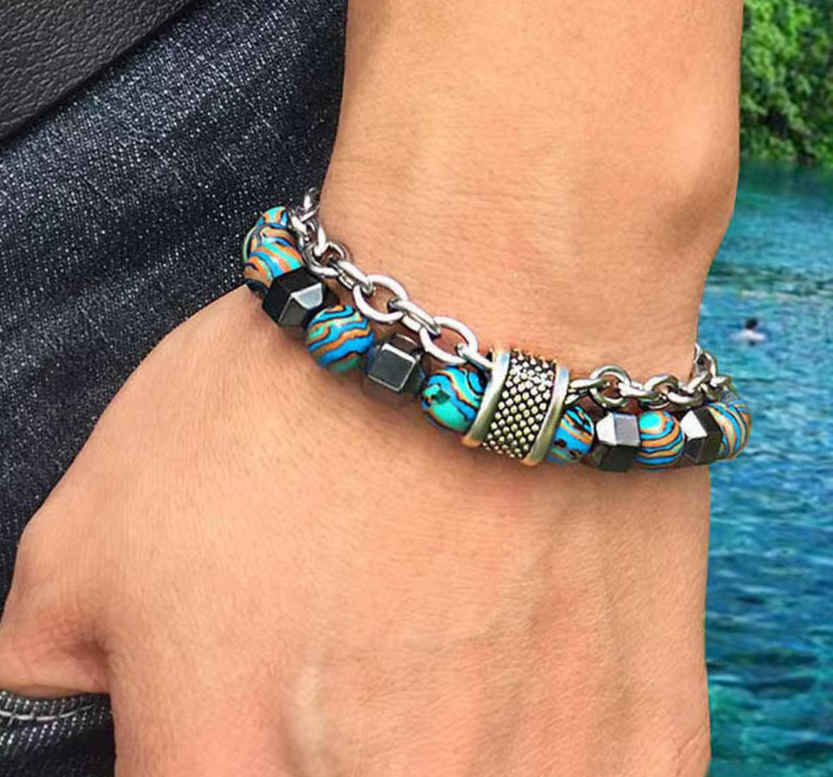 Men’s Stainless Steel Chain Bracelet with Blue Tiger Eye Beads – Handmade Lava Stone & Hematite Bead Bracelet