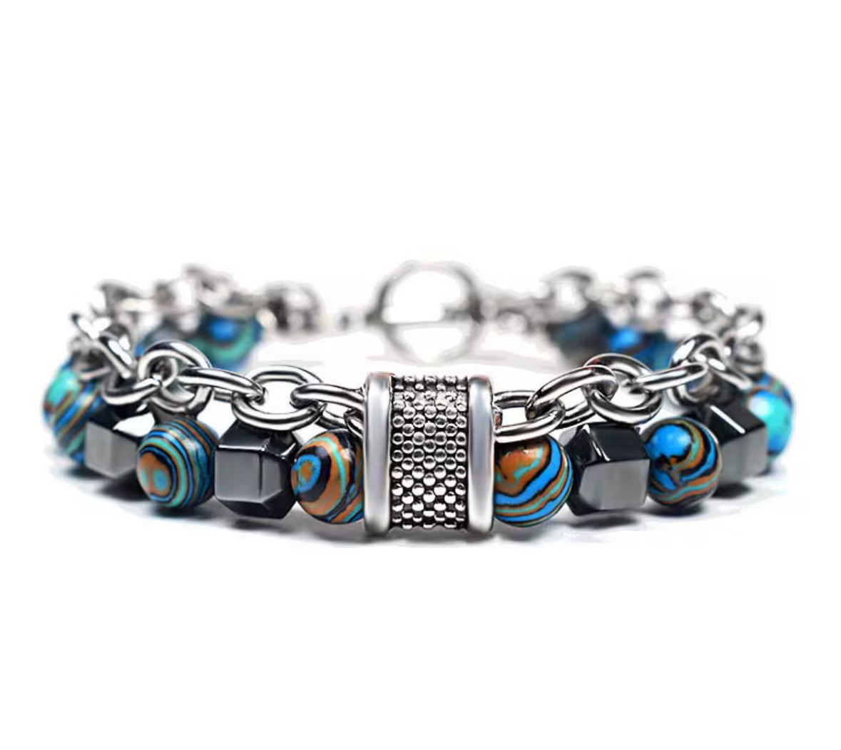 Men’s Stainless Steel Chain Bracelet with Blue Tiger Eye Beads – Handmade Lava Stone & Hematite Bead Bracelet