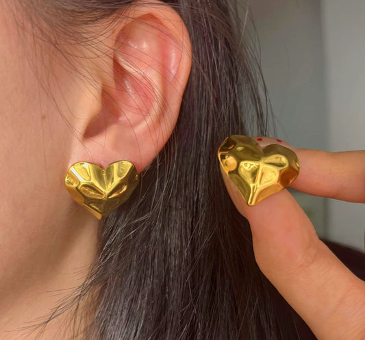 Anti Tarnish Stainless Steel Bold Gold Heart-Shaped Stud Earrings for Women | Chunky, Modern Statement Jewelry