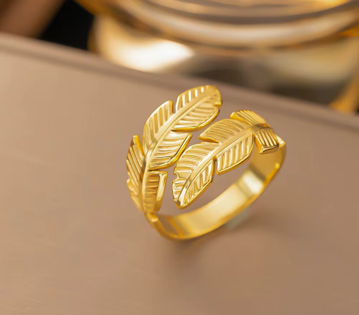 Golden Leaf Adjustable Ring for Women – Elegant Feather Design Statement Ring | Everyday & Party Wear