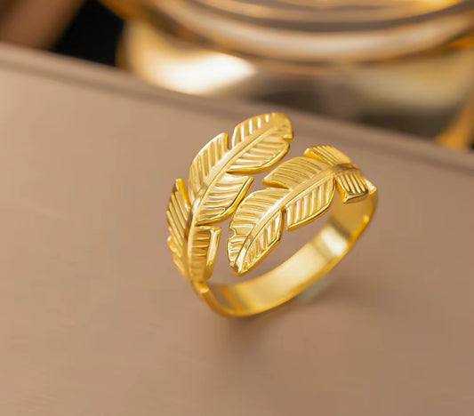 Golden Leaf Adjustable Ring for Women – Elegant Feather Design Statement Ring | Everyday & Party Wear
