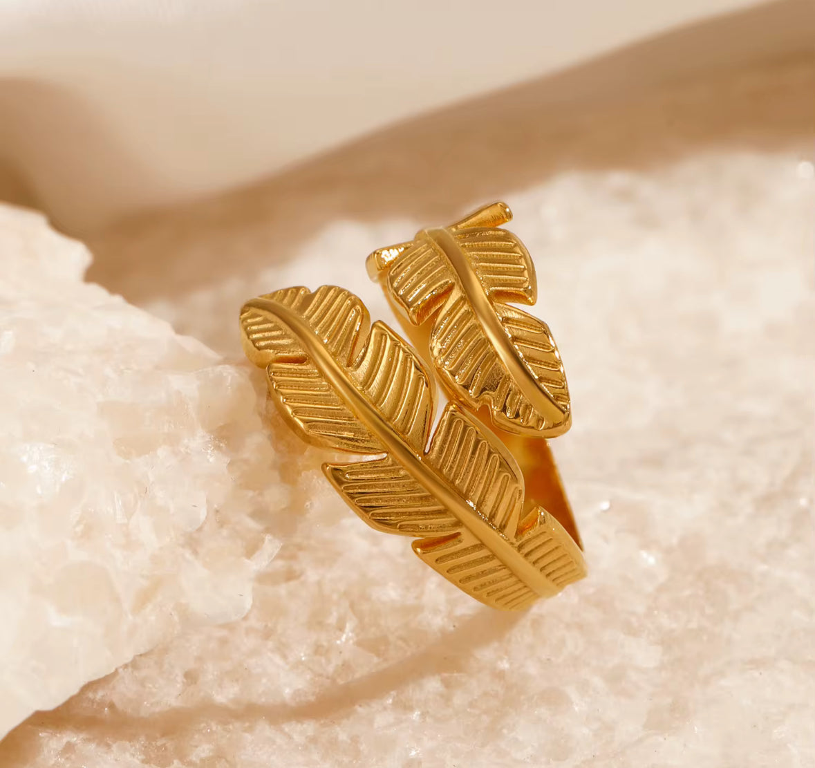 Golden Leaf Adjustable Ring for Women – Elegant Feather Design Statement Ring | Everyday & Party Wear