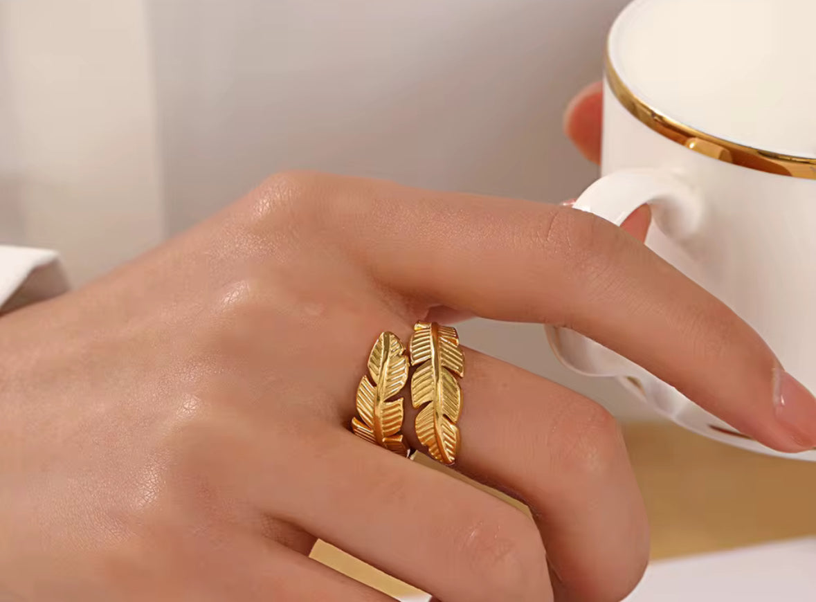 Golden Leaf Adjustable Ring for Women – Elegant Feather Design Statement Ring | Everyday & Party Wear