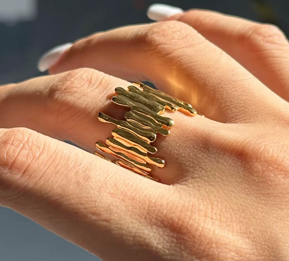 Abstract Golden Adjustable Ring for Women – Bold Statement Ring with Organic Drip Design