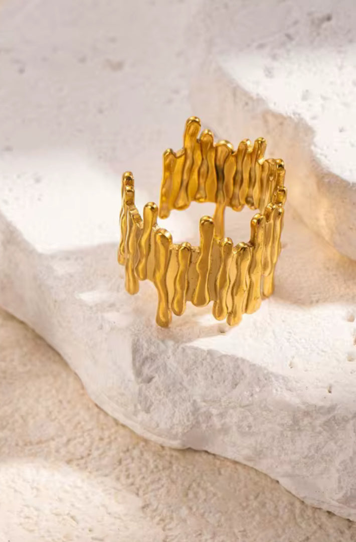 Abstract Golden Adjustable Ring for Women – Bold Statement Ring with Organic Drip Design