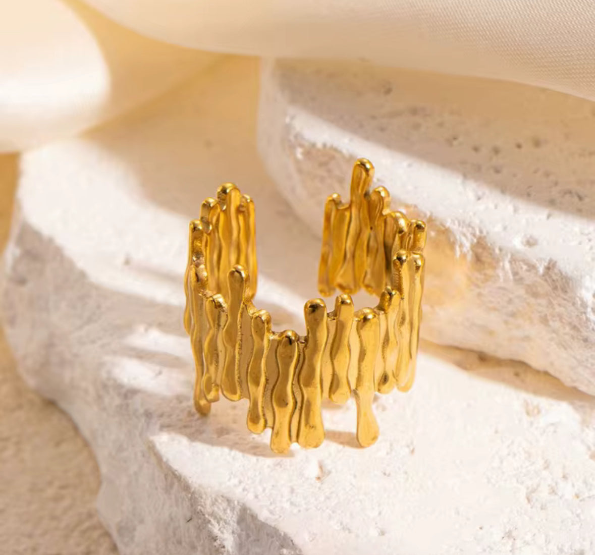 Abstract Golden Adjustable Ring for Women – Bold Statement Ring with Organic Drip Design