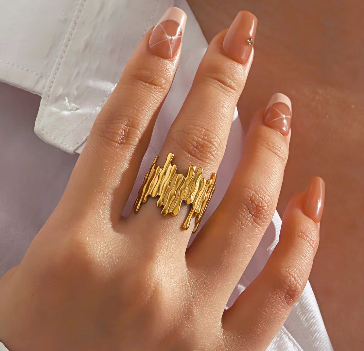 Abstract Golden Adjustable Ring for Women – Bold Statement Ring with Organic Drip Design