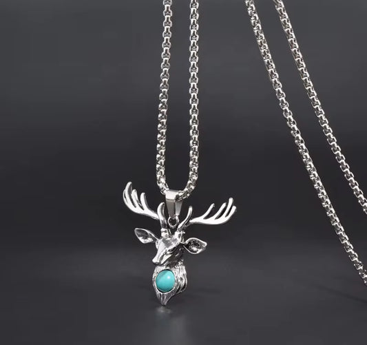 Men’s Vintage Deer Head Pendant Necklace with Blue Stone | Stainless Steel Antler Chain Necklace – Nordic Animal Jewelry for Men & Women
