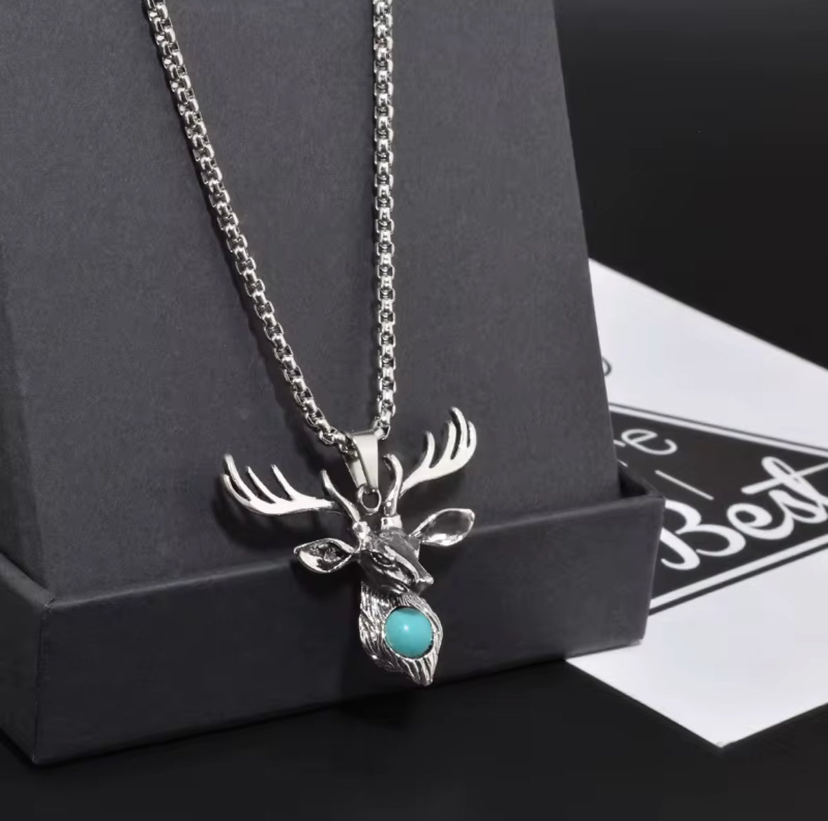 Men’s Vintage Deer Head Pendant Necklace with Blue Stone | Stainless Steel Antler Chain Necklace – Nordic Animal Jewelry for Men & Women