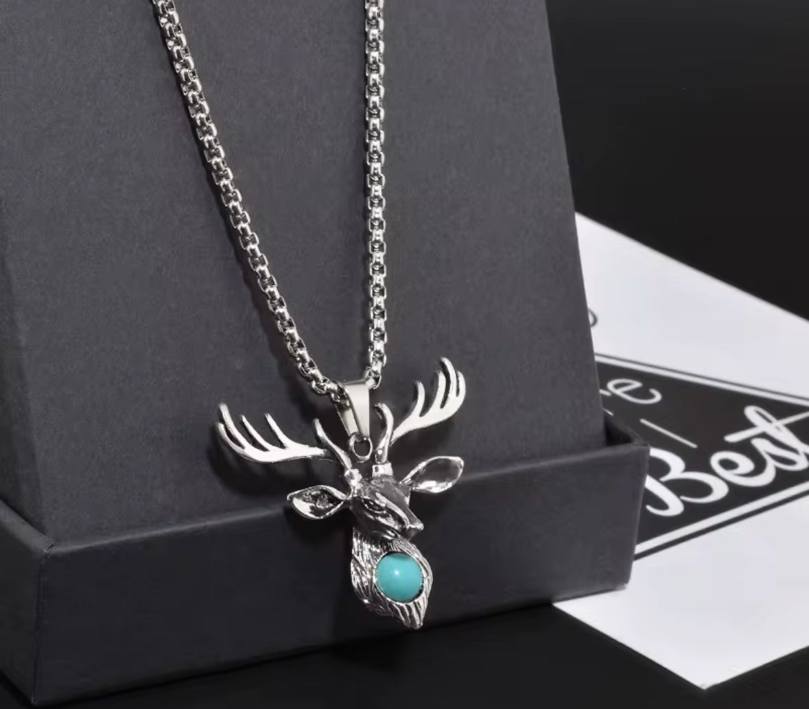 Men’s Vintage Deer Head Pendant Necklace with Blue Stone | Stainless Steel Antler Chain Necklace – Nordic Animal Jewelry for Men & Women
