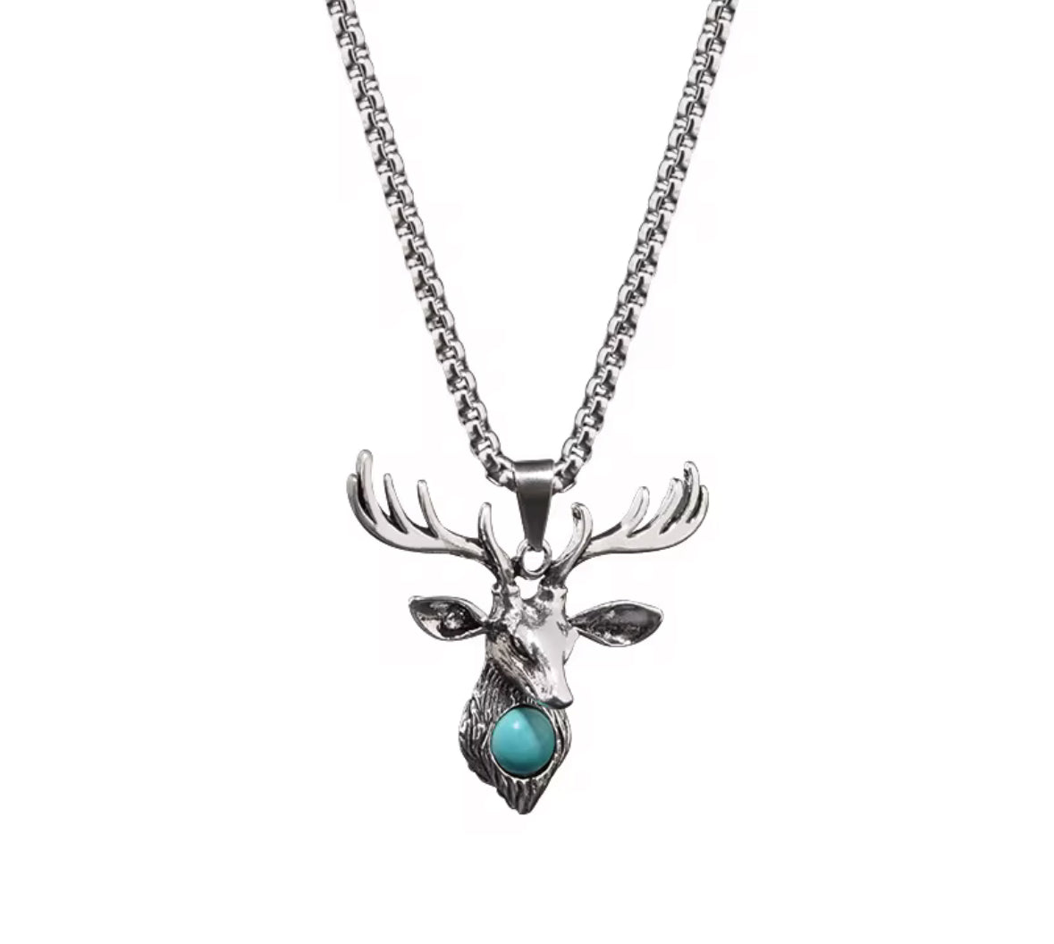 Men’s Vintage Deer Head Pendant Necklace with Blue Stone | Stainless Steel Antler Chain Necklace – Nordic Animal Jewelry for Men & Women