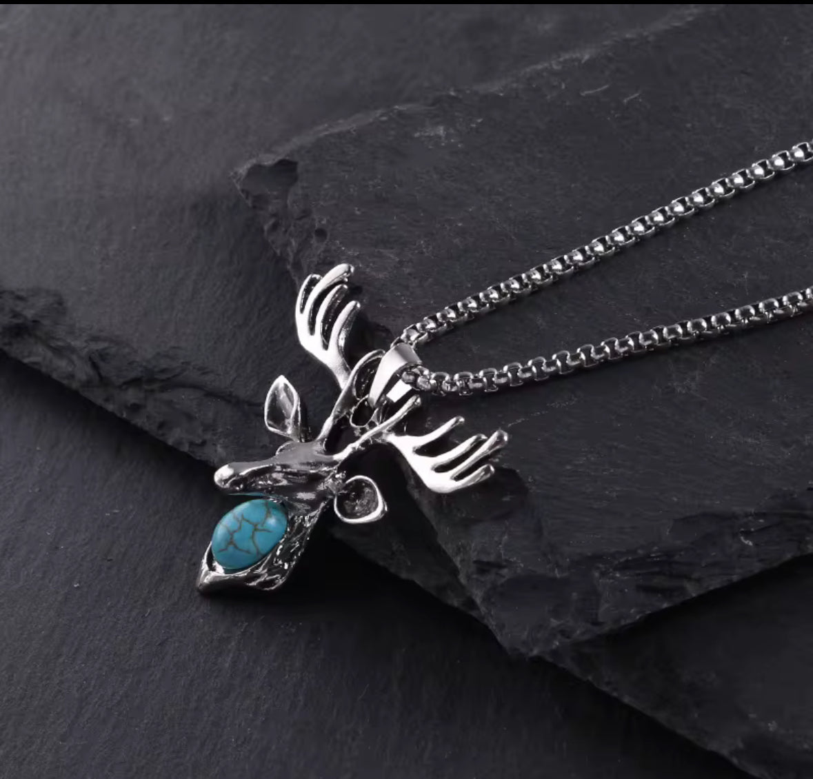 Men’s Vintage Deer Head Pendant Necklace with Blue Stone | Stainless Steel Antler Chain Necklace – Nordic Animal Jewelry for Men & Women