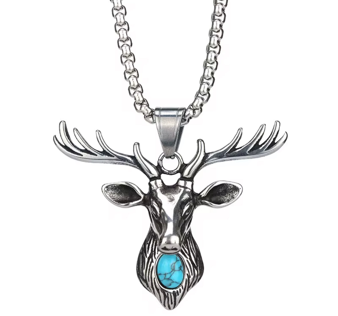 Men’s Vintage Deer Head Pendant Necklace with Blue Stone | Stainless Steel Antler Chain Necklace – Nordic Animal Jewelry for Men & Women