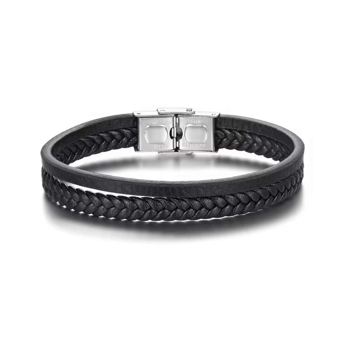 Men’s Black Braided Faux Leather Bracelet – Stainless Steel Magnetic Clasp | Modern Minimalist Jewelry