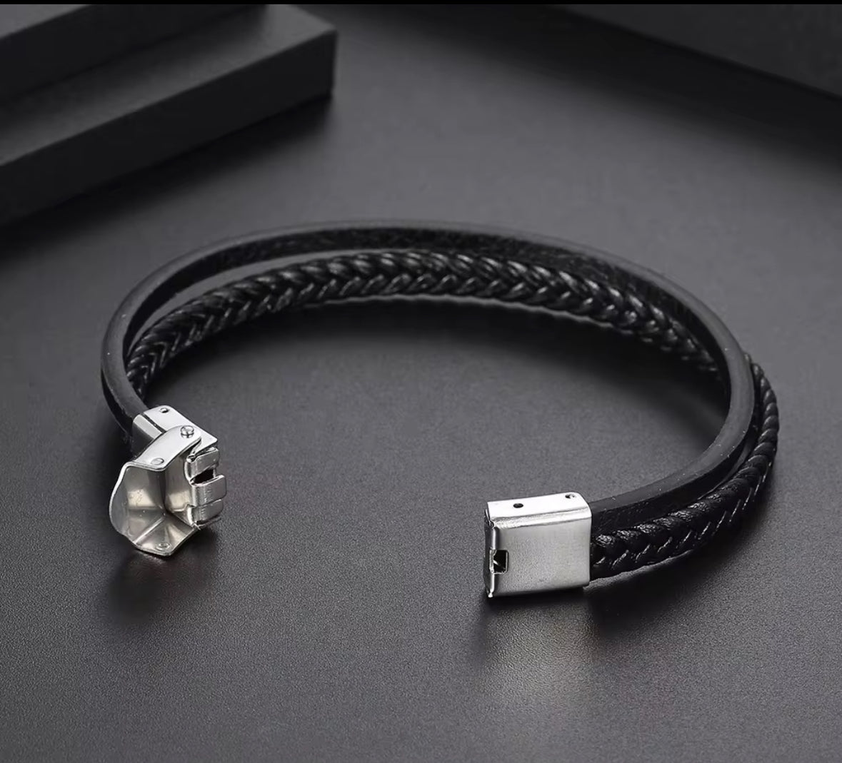 Men’s Black Braided Faux Leather Bracelet – Stainless Steel Magnetic Clasp | Modern Minimalist Jewelry