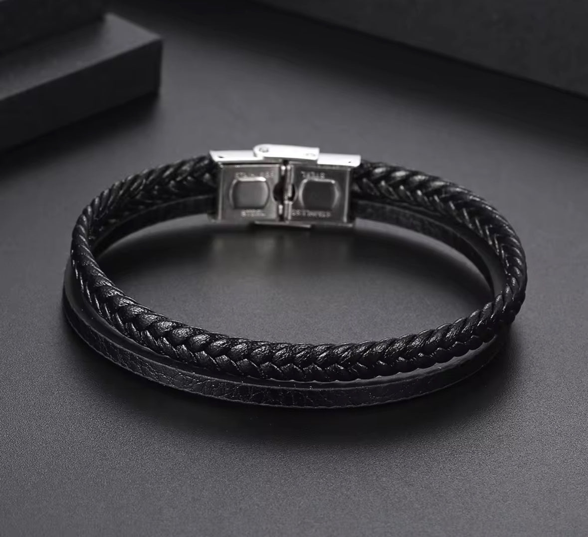 Men’s Black Braided Faux Leather Bracelet – Stainless Steel Magnetic Clasp | Modern Minimalist Jewelry