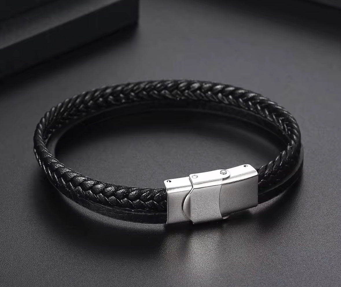 Men’s Black Braided Faux Leather Bracelet – Stainless Steel Magnetic Clasp | Modern Minimalist Jewelry