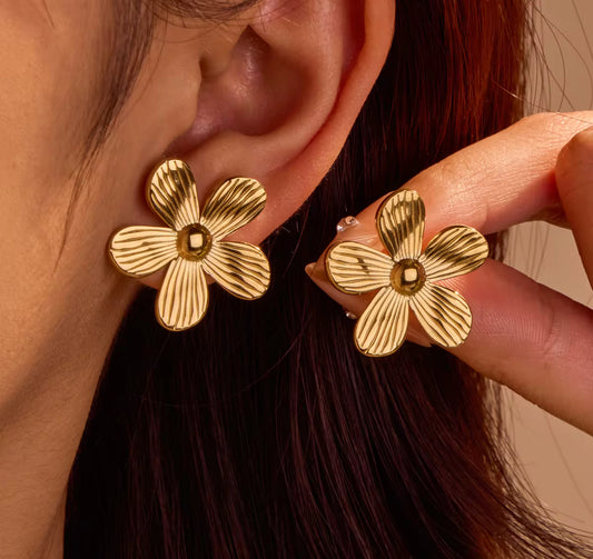 Anti Tarnish Stainless Steel Elegant Gold Floral Stud Earrings for Women | Bold Statement Flower Jewelry