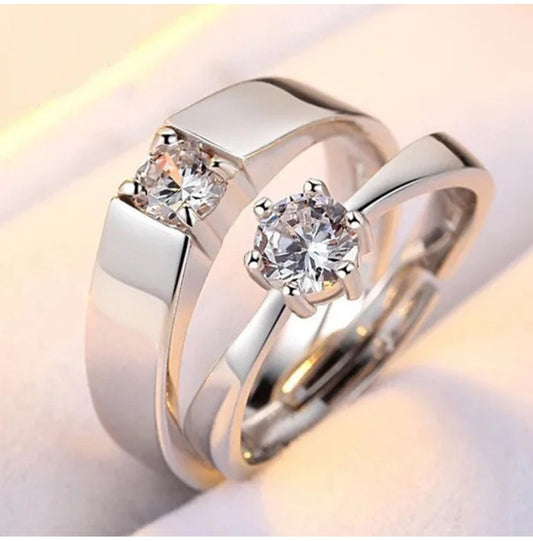 CZ Stones Studded Stainless Steel Adjustable Size Couple Ring Set