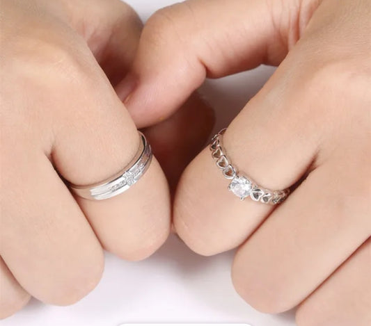 CZ Stones Studded Stainless Steel Adjustable Size Couple Ring Set