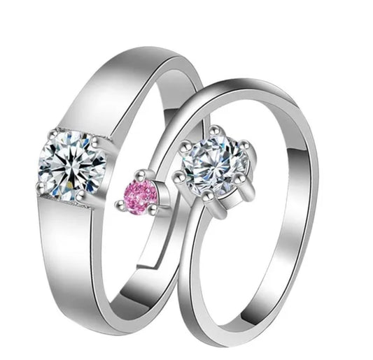 CZ Stones Studded Stainless Steel Adjustable Size Couple Ring Set