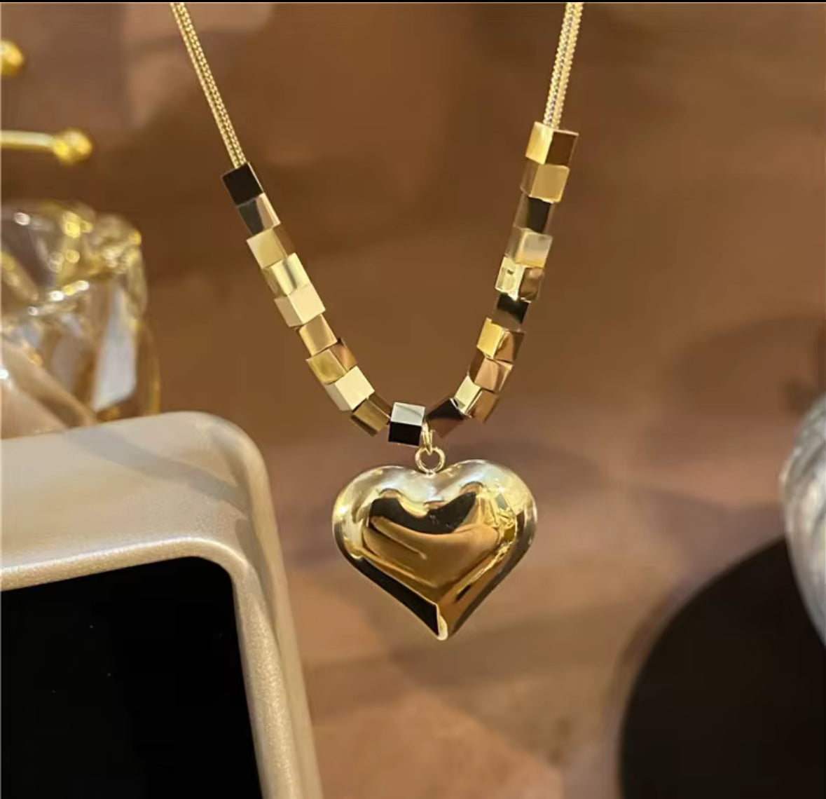 Golden Heart Pendant Necklace for Women – Minimal Geometric Cube Bead Chain, Trendy Gold-Plated Jewellery for Everyday & Party Wear