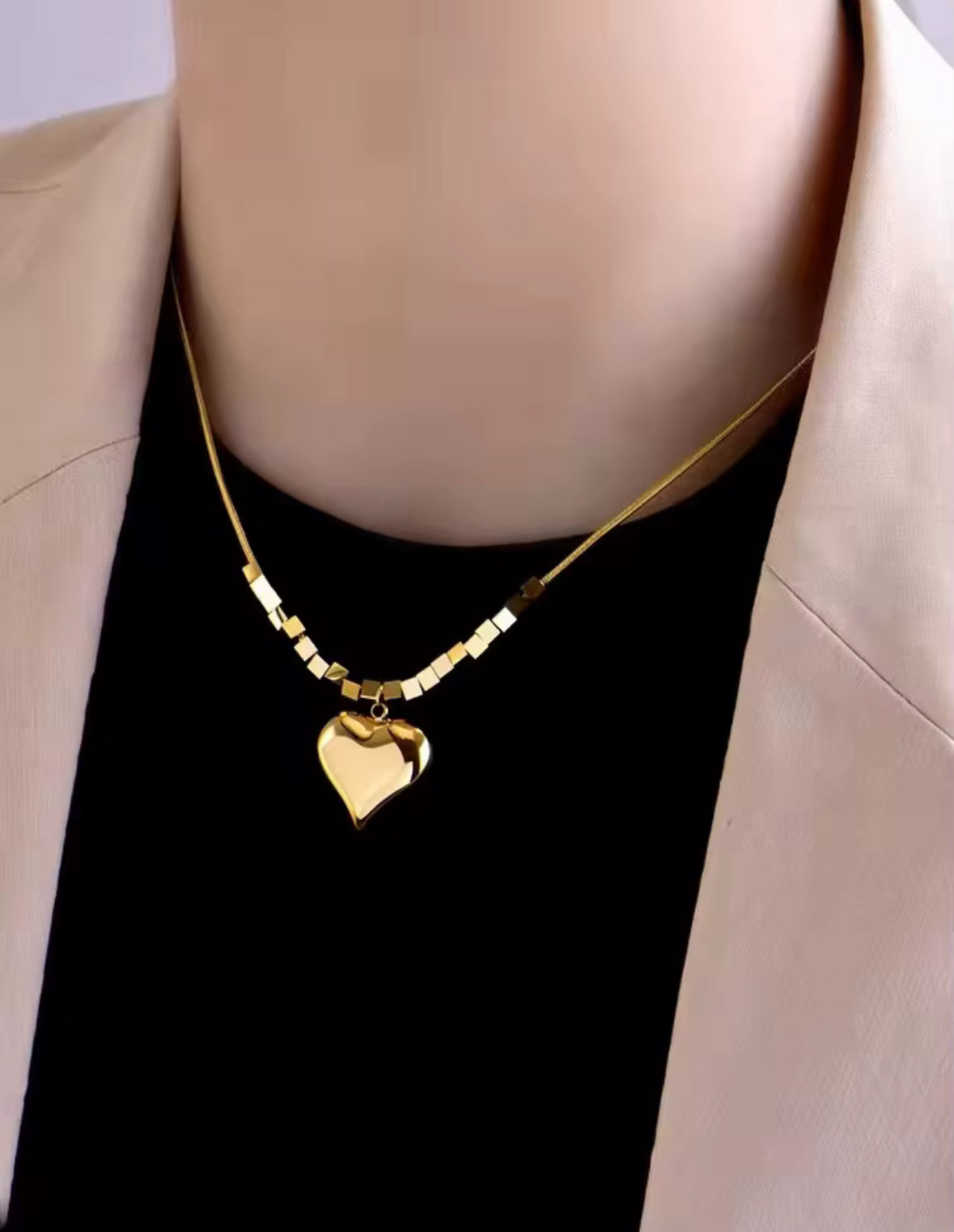Golden Heart Pendant Necklace for Women – Minimal Geometric Cube Bead Chain, Trendy Gold-Plated Jewellery for Everyday & Party Wear