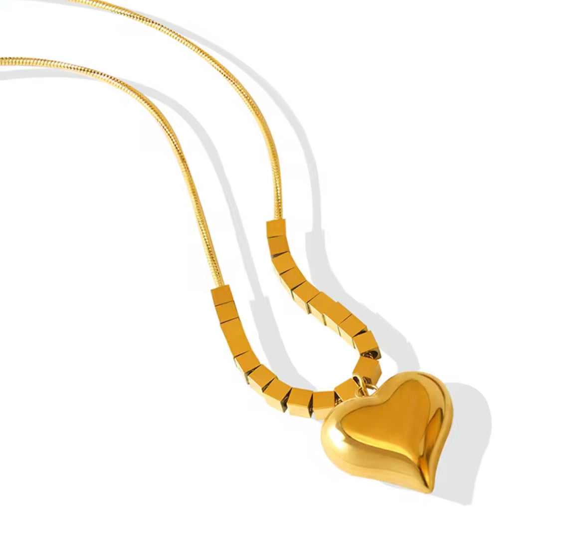 Golden Heart Pendant Necklace for Women – Minimal Geometric Cube Bead Chain, Trendy Gold-Plated Jewellery for Everyday & Party Wear