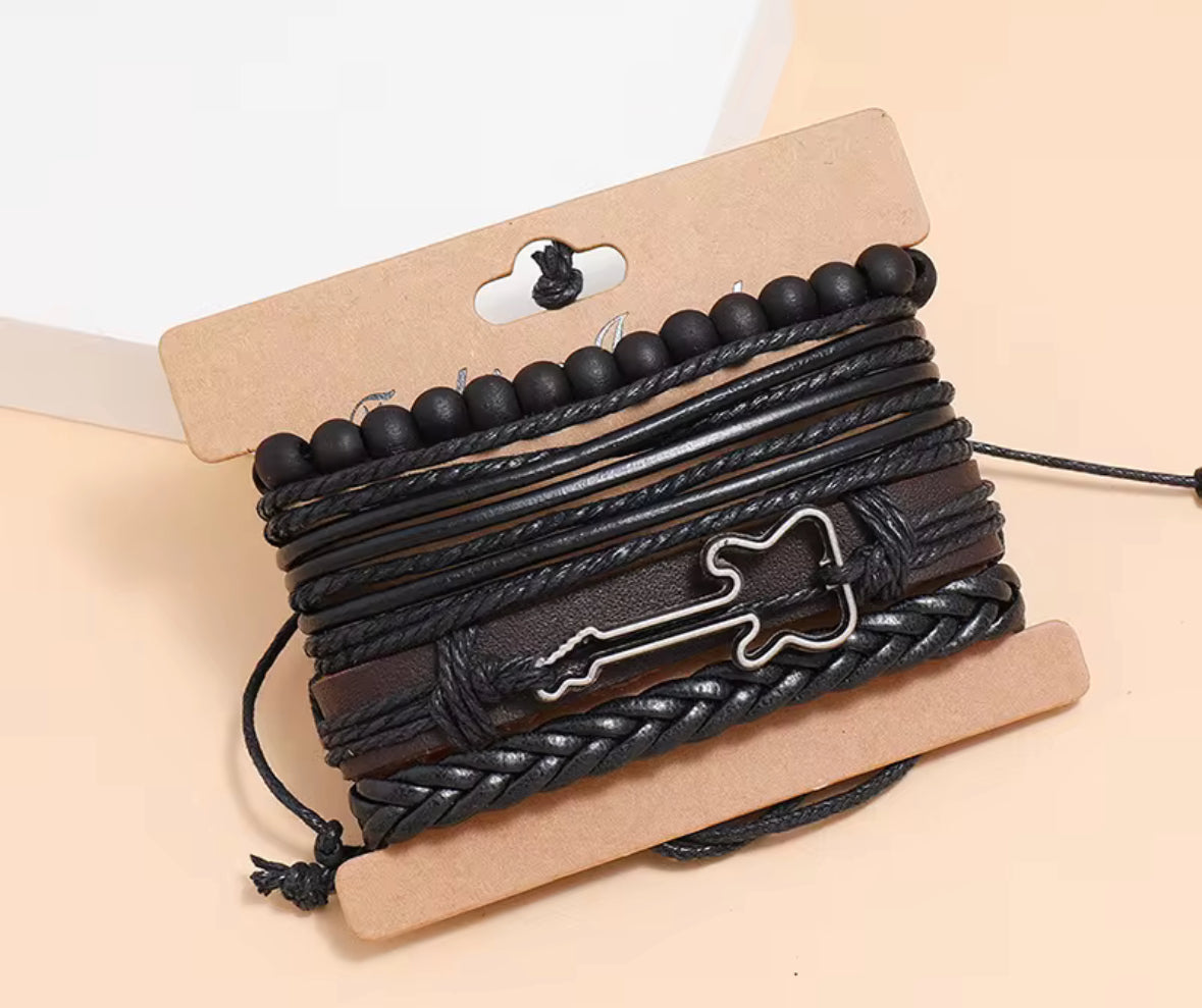 Men’s Multi-Layer Leather Bracelet Set | Adjustable Black Beaded & Braided Wristband for Men | Rock Guitar Design Friendship Bracelet