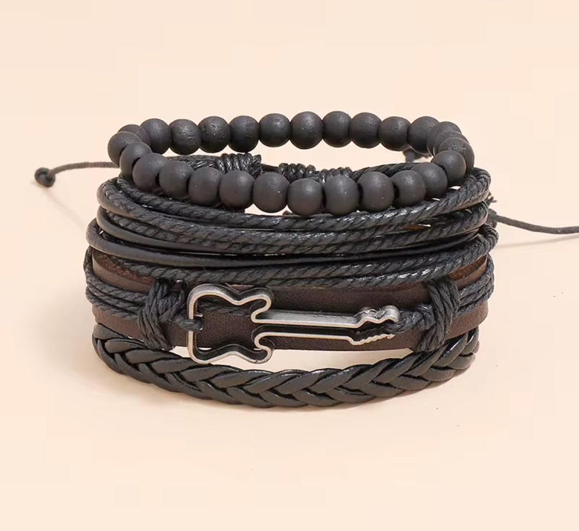Men’s Multi-Layer Leather Bracelet Set | Adjustable Black Beaded & Braided Wristband for Men | Rock Guitar Design Friendship Bracelet