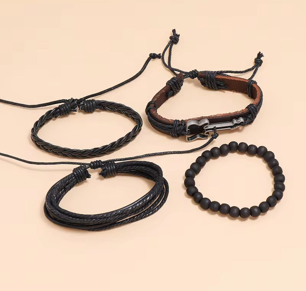 Men’s Multi-Layer Leather Bracelet Set | Adjustable Black Beaded & Braided Wristband for Men | Rock Guitar Design Friendship Bracelet