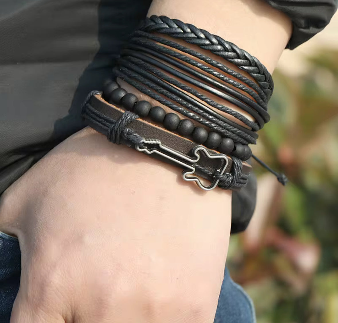 Men’s Multi-Layer Leather Bracelet Set | Adjustable Black Beaded & Braided Wristband for Men | Rock Guitar Design Friendship Bracelet