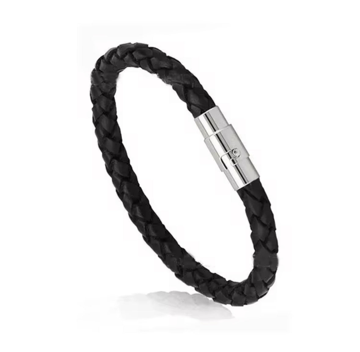 Men’s Black Braided Faux Leather Bracelet with Stainless Steel Interlock Clasp | Stylish Wristband for Men | Premium Casual & Formal Accessory