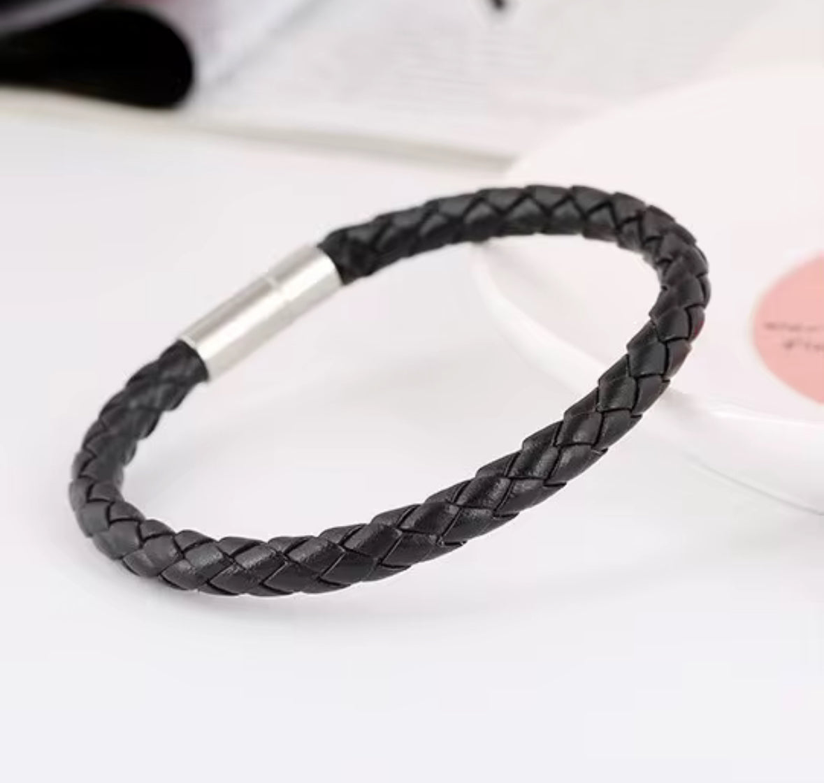 Men’s Black Braided Faux Leather Bracelet with Stainless Steel Interlock Clasp | Stylish Wristband for Men | Premium Casual & Formal Accessory