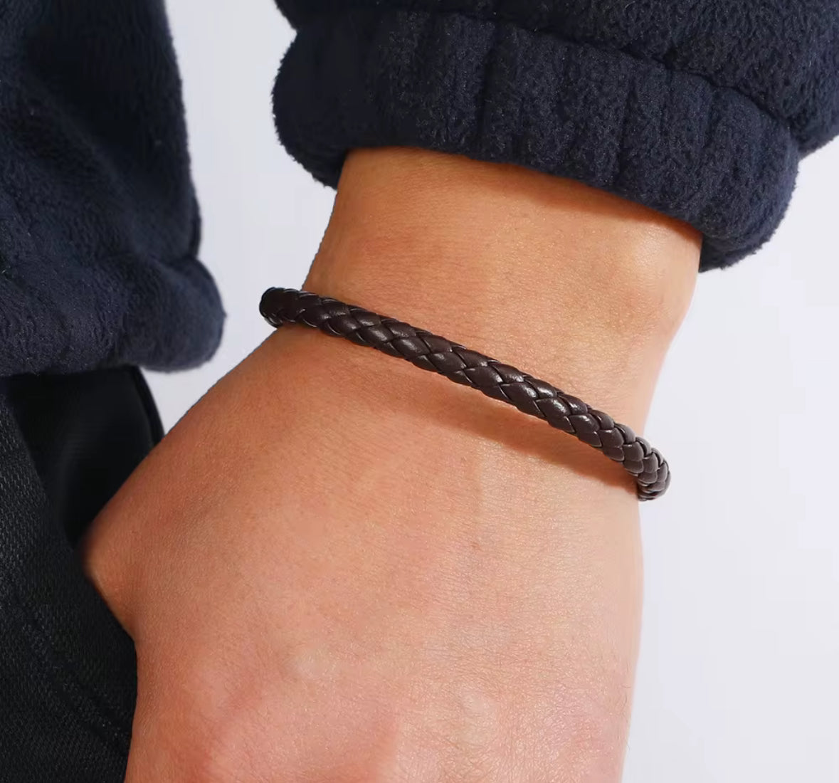 Men’s Black Braided Faux Leather Bracelet with Stainless Steel Interlock Clasp | Stylish Wristband for Men | Premium Casual & Formal Accessory