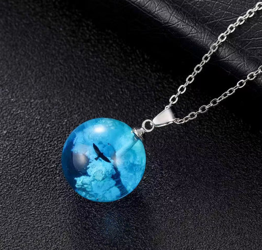 Ocean Blue Glass Pendant Necklace | Sky & Sea Inspired Round Pendant | Elegant Resin Globe Necklace for Women & Girls