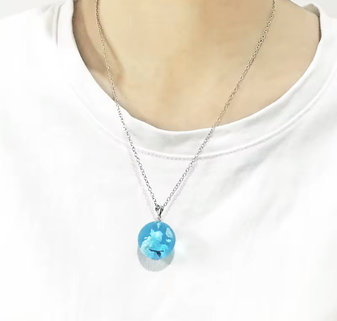 Ocean Blue Glass Pendant Necklace | Sky & Sea Inspired Round Pendant | Elegant Resin Globe Necklace for Women & Girls