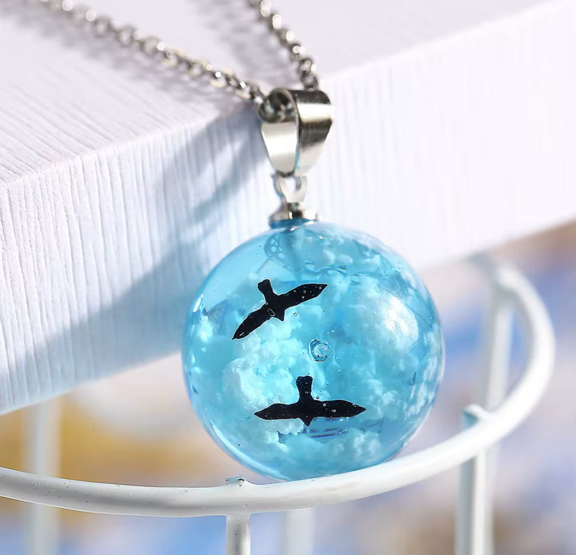 Ocean Blue Glass Pendant Necklace | Sky & Sea Inspired Round Pendant | Elegant Resin Globe Necklace for Women & Girls