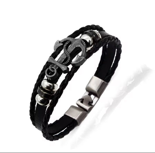 Men’s Black Leather Anchor Bracelet | Stylish Nautical Design | Wristband with Stainless Steel Charm