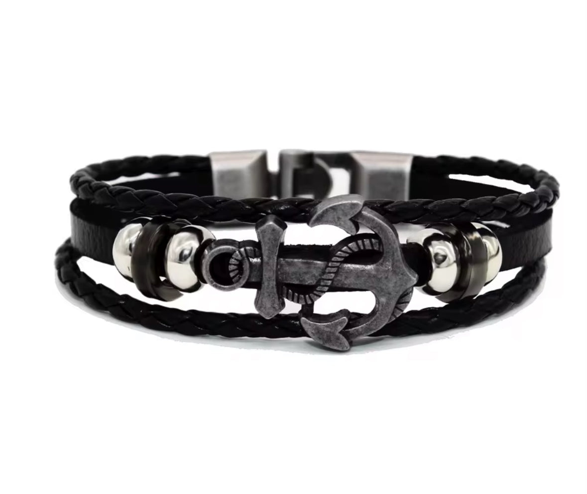 Men’s Black Leather Anchor Bracelet | Stylish Nautical Design | Wristband with Stainless Steel Charm