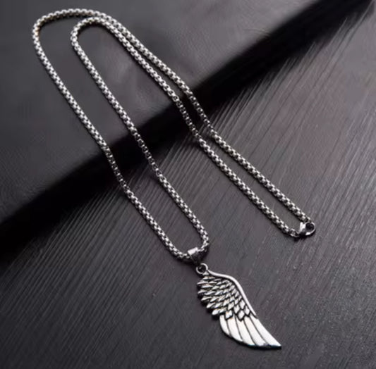 Stainless Steel Angel Wing Pendant Necklace – Unisex Long Chain | Trendy Feather Jewelry for Men & Women
