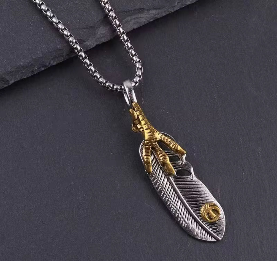 Men’s Stainless Steel Feather Pendant Necklace | Golden Claw Design | Trendy Boho Fashion Jewelry for Men