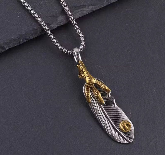 Men’s Stainless Steel Feather Pendant Necklace | Golden Claw Design | Trendy Boho Fashion Jewelry for Men
