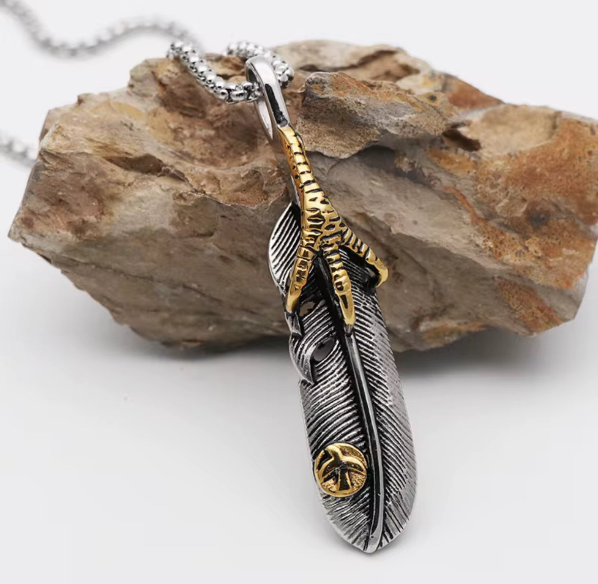 Men’s Stainless Steel Feather Pendant Necklace | Golden Claw Design | Trendy Boho Fashion Jewelry for Men