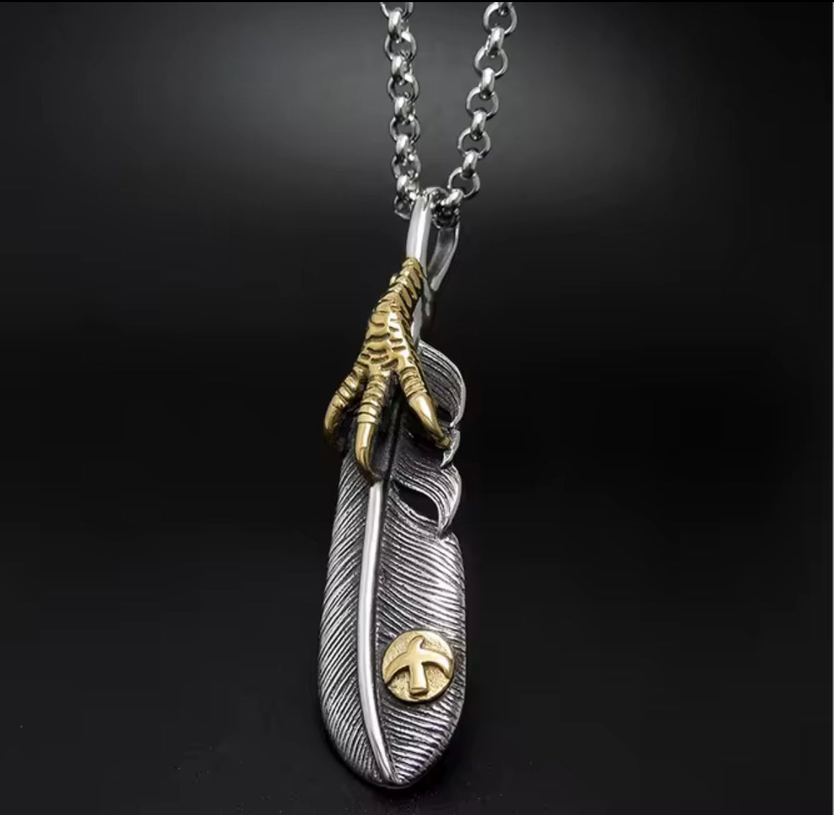 Men’s Stainless Steel Feather Pendant Necklace | Golden Claw Design | Trendy Boho Fashion Jewelry for Men