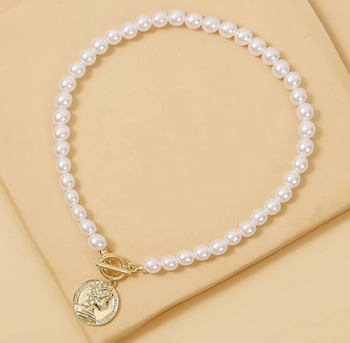 Elegant Pearl Beaded Necklace with Gold Coin Pendant