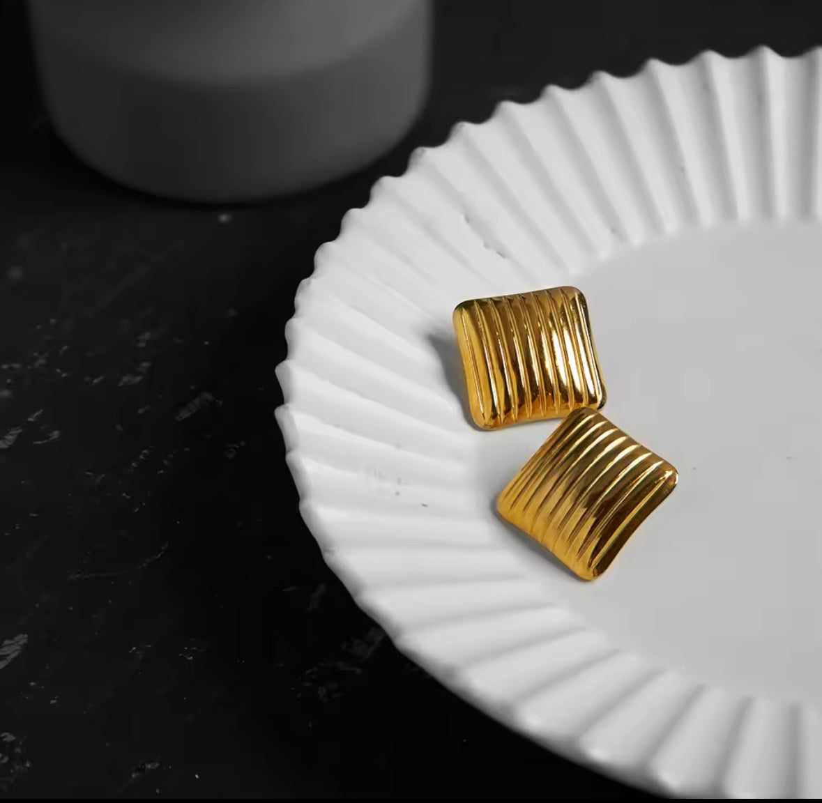 Gold Plated Ribbed Square Stud Earrings for Women | Stainless Steel Statement Earrings | Waterproof & Hypoallergenic