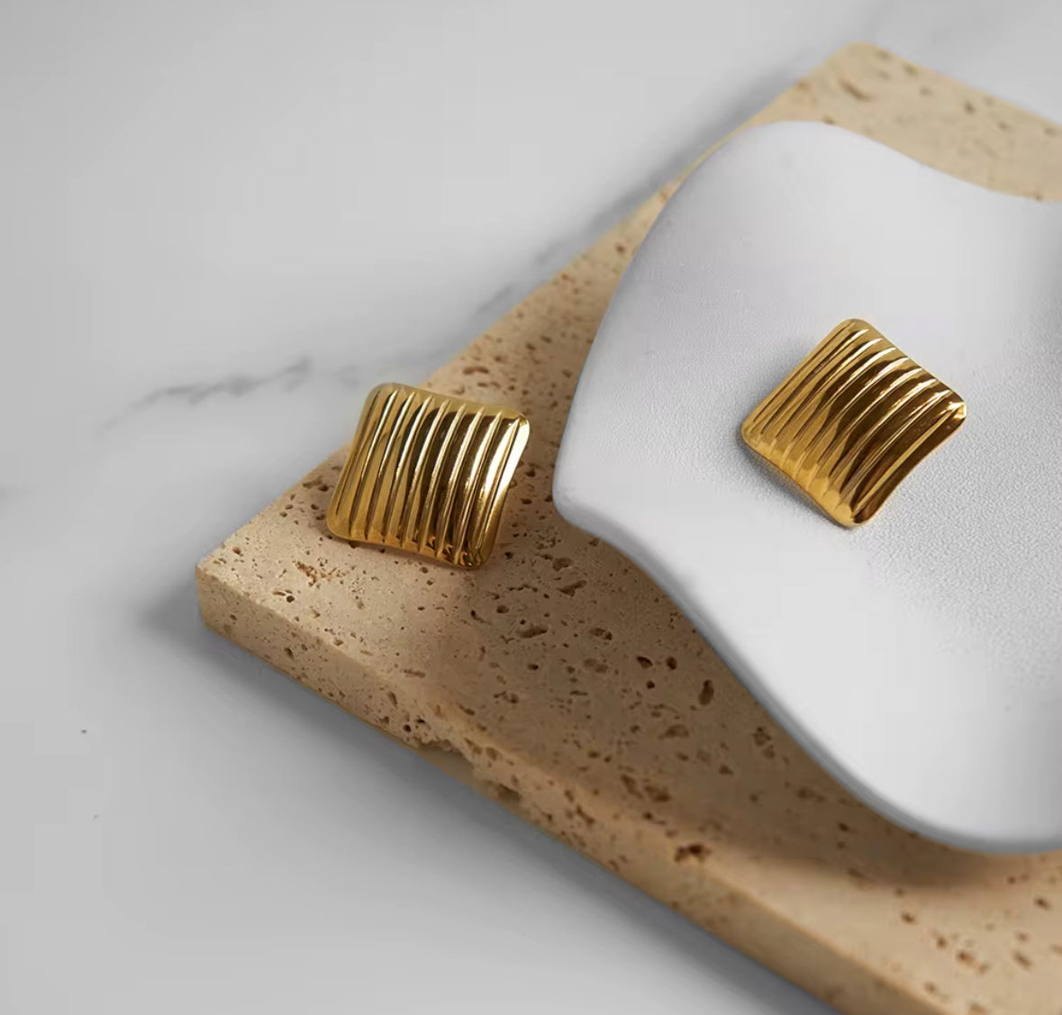 Gold Plated Ribbed Square Stud Earrings for Women | Stainless Steel Statement Earrings | Waterproof & Hypoallergenic